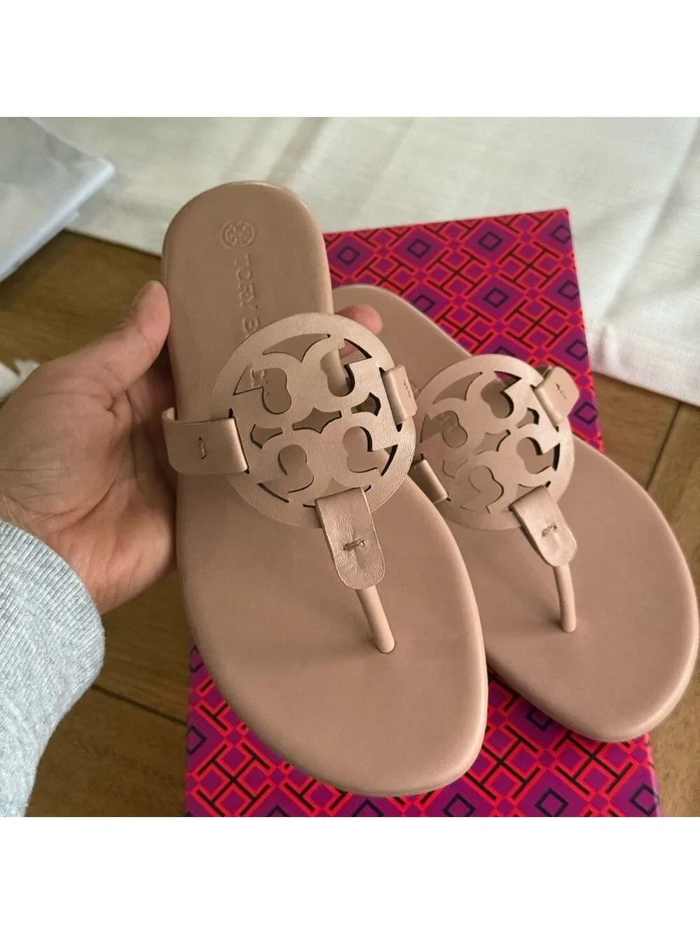 New Tory Burch miller soft calf leather sandals in light sand / makeup colo